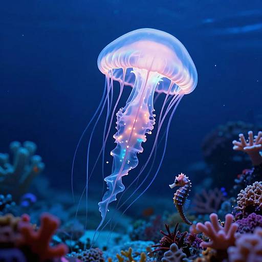 Photograph of a glowing blue and white jellyfish with translucent tentacles floating above a colorful coral reef in a dark blue underwater setting.