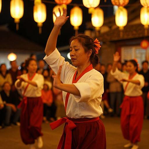 Photograph of an Asian woman in traditional white kimono and red hakama, raising her hand under glowing lanterns, surrounded by dancing performers in a