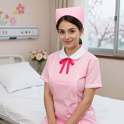 Photograph of a smiling South Asian female nurse with dark hair, wearing a pink uniform with white collar and red bow, standing in a bright, flower
