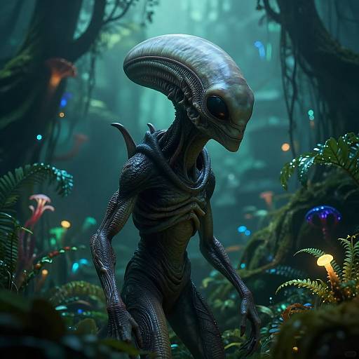 Big Head Alien in Bioluminescent Jungle