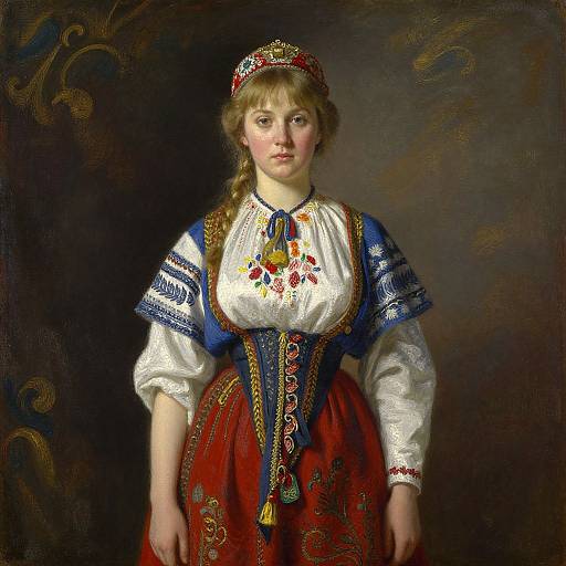 Traditional oil painting of a young woman in 18th-century peasant attire, featuring a white blouse, blue and red embroidered bodice, and red skirt