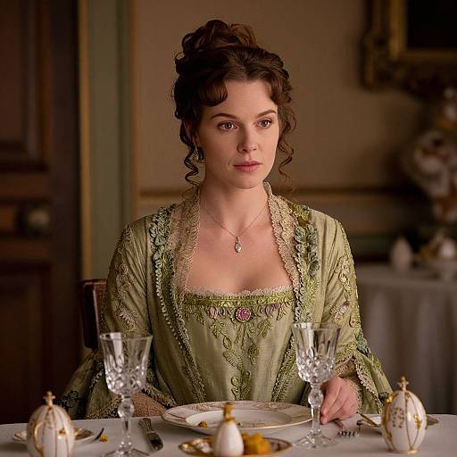 Photograph of a fair-skinned woman with dark curly hair, wearing an ornate green Victorian dress, seated at a dimly lit table with elegant
