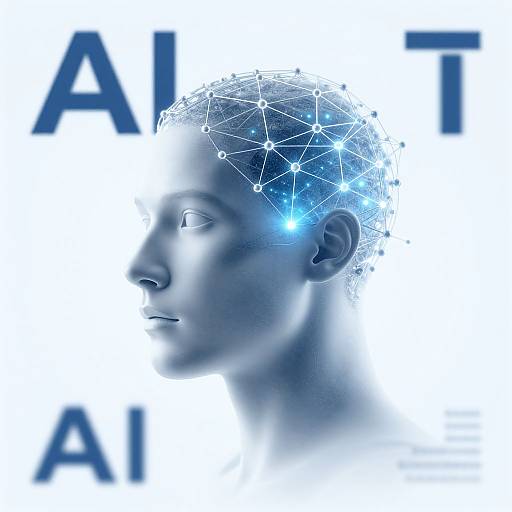 Digital illustration of a blue-toned, futuristic human head with a glowing, neural network pattern on the scalp, against a white background with blurred blue 
