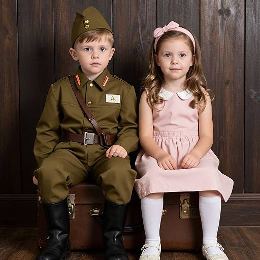 Photograph of a young boy in a brown military uniform and a girl in a pink dress with white stockings, sitting on a brown suitcase against a dark