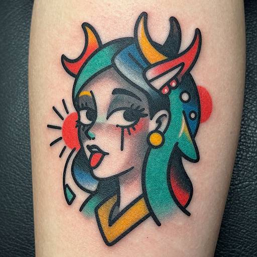 Vibrant, colorful tattoo of a stylized female face with horns, teal hair, red cheek, yellow earrings, and bold black outlines on pale