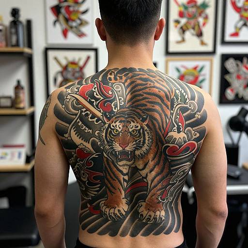 Photograph of a muscular Asian man with a large, detailed tiger tattoo on his back, standing in a tattoo studio.