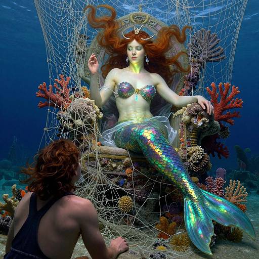 Digital art of a shimmering mermaid with red hair, sitting on a coral throne, surrounded by fishing nets, with a man kneeling before her underwater