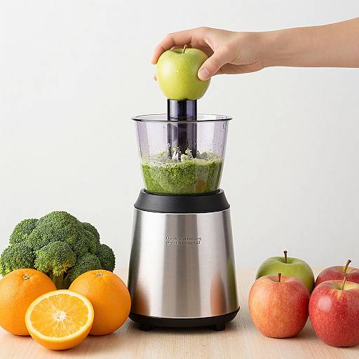 Photograph of a hand placing a green apple into a stainless steel blender with green smoothie, surrounded by broccoli, oranges, a halved orange,