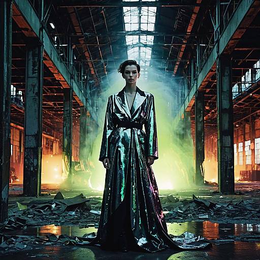 Androgynous Model in Metallic Gown in Industrial Warehouse