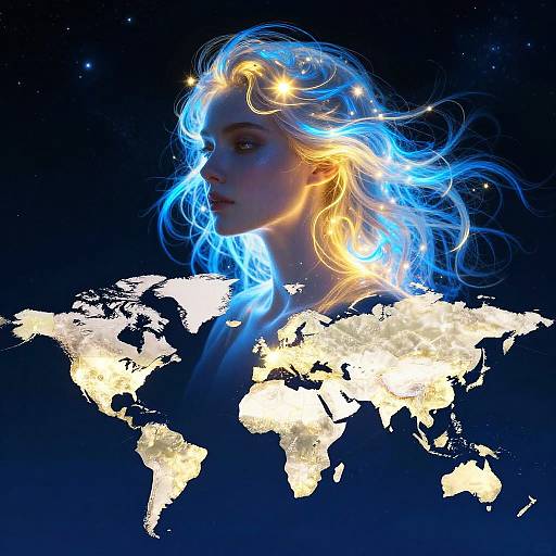 Ethereal Portrait Over Illuminated World Map