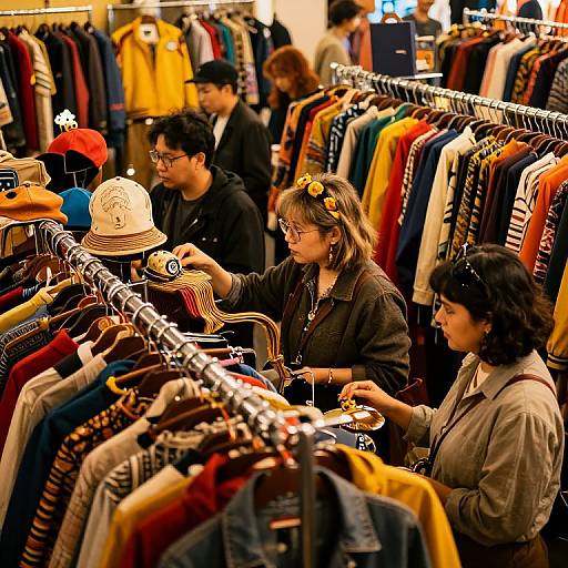 Photograph of a busy clothing store: Four Asian individuals, two women and two men, browsing and trying on hats and shirts.