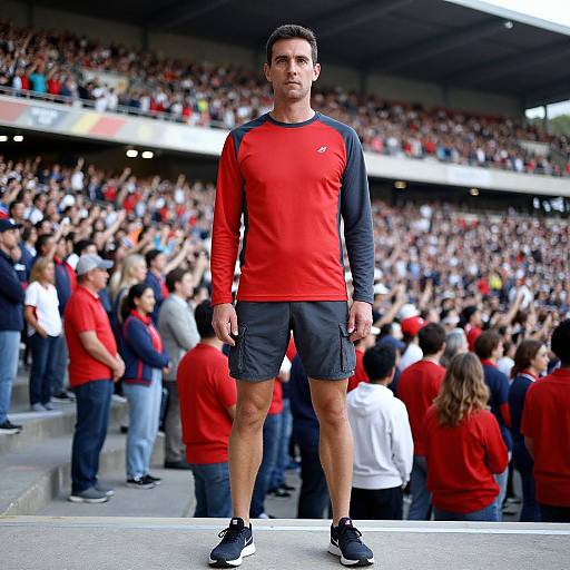 Photograph of a muscular man in a red and black athletic shirt, black shorts, and sneakers standing in a crowded stadium. Crowds in red and