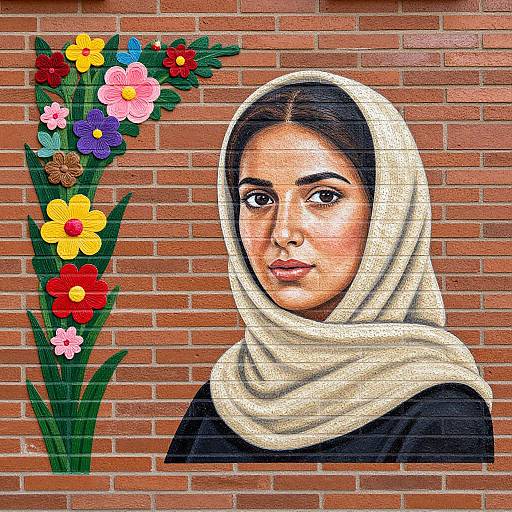 Mural of South Asian woman in white headscarf, black top, with colorful flower bouquet on red brick wall, realistic style.