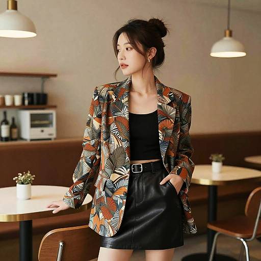 Young Woman with Low Bun Hairstyle in Bold Blazer