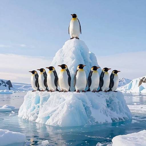 Photograph of nine Emperor penguins with black and white feathers, yellow chest patches, standing on a snowy, ice-covered platform in a bright blue icy