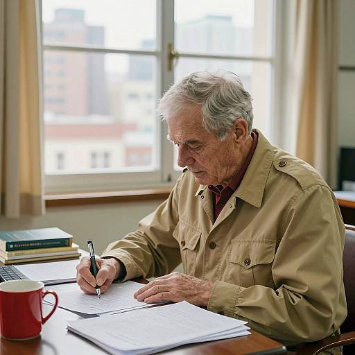 Elderly Man Writing at Desk in Office