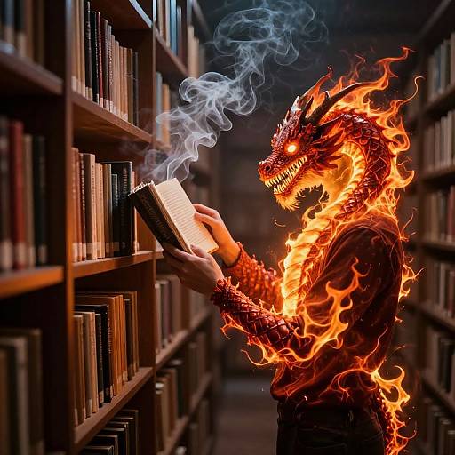 Digital artwork of a fiery, demonic figure with glowing red eyes, reading a book in a dimly lit library. Flames engulf its body; smoke curls