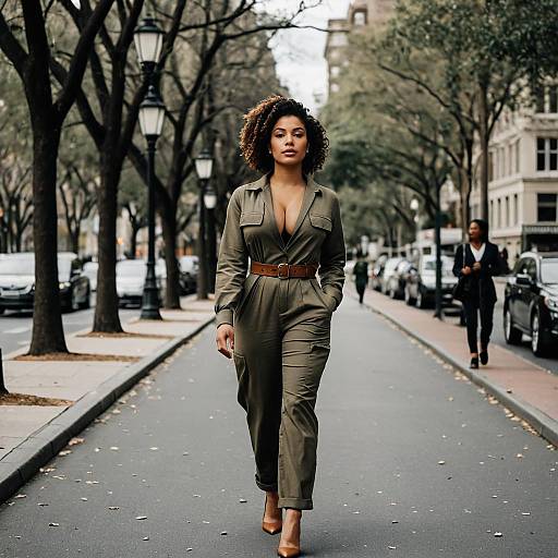 Confident Woman Walking on Tree-Lined Boulevard