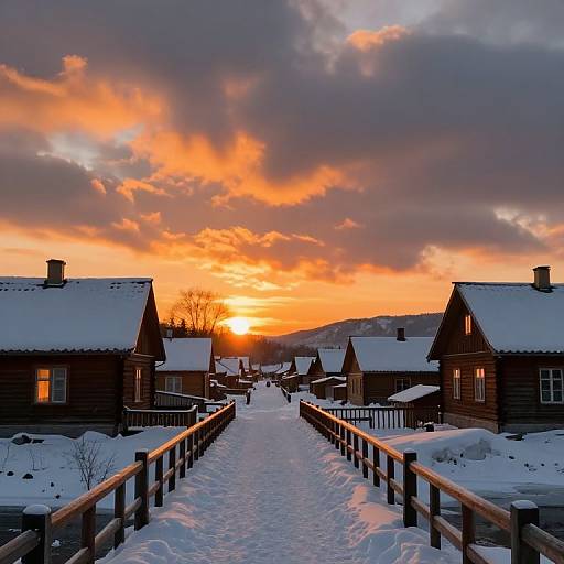 Fiery Sunset Over Snowy Village Bridge