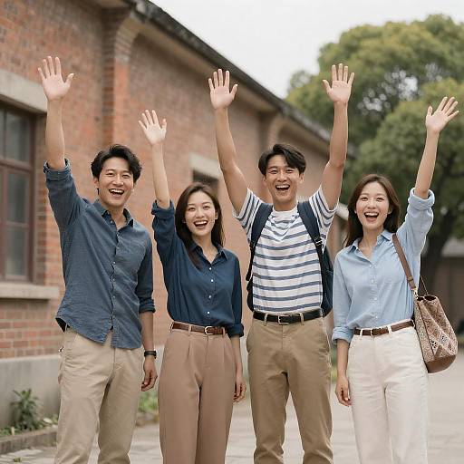 Excited Group Portrait by Brick Building
