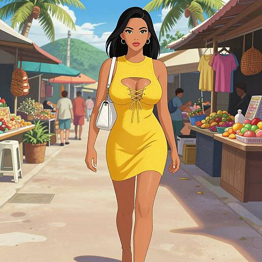 Digital illustration of a curvy woman with dark hair, wearing a yellow dress with a lace-up front, walking through a vibrant, tropical market street.