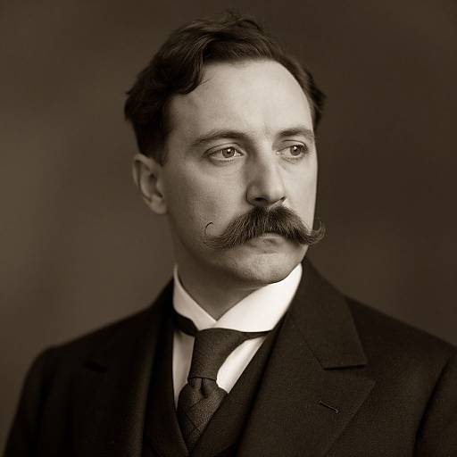 Black-and-white photograph of a serious, mustachioed man in a dark suit, white shirt, and tie, with wavy hair, against
