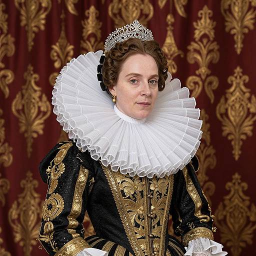 Photograph of a Caucasian woman in 18th-century regal attire with a large white ruffled collar, gold embroidered black dress, silver tiara