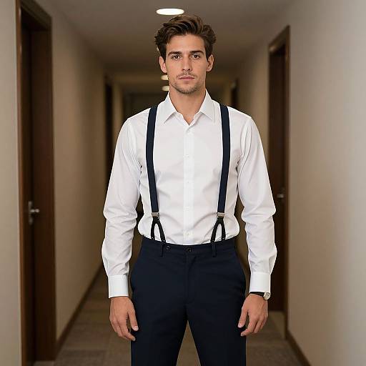 Photograph of a handsome, young man with short brown hair, wearing a white shirt, black suspenders, and black pants, standing in a dim