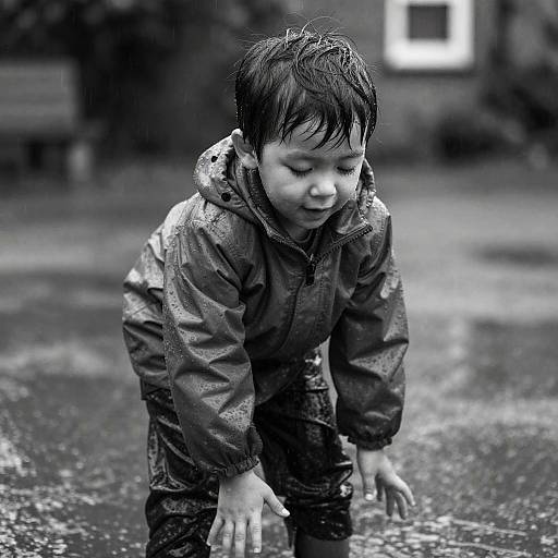 Black-and-white photograph of a young boy with wet, tousled hair, wearing a raincoat, crouching in a puddle outdoors.