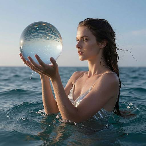 Photograph of a wet, fair-skinned woman with long brown hair holding a clear glass ball, gazing at it in the ocean at sunset.