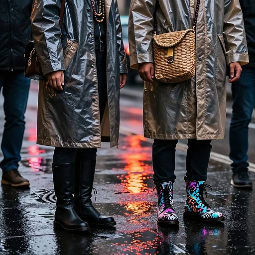 Photograph of two people in silver raincoats, one with black boots and the other with colorful, patterned rain boots, standing on a wet