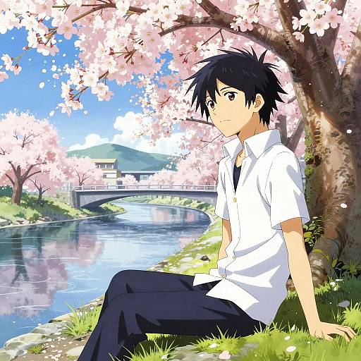 Anime-style drawing of a black-haired boy in a white shirt and black pants, sitting under cherry blossoms by a river, with a bridge in the