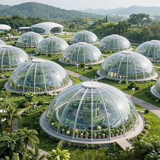 Aerial photograph of a garden featuring multiple glass-domed greenhouses, surrounded by lush greenery and palm trees, with a mountainous backdrop.