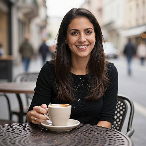 Photograph of smiling young woman with long dark hair, wearing black top, holding white coffee cup, sitting at outdoor café with blurred city background.