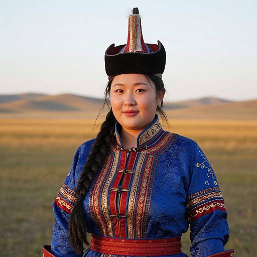 Photograph of an Asian woman with fair skin, black braided hair, wearing a blue embroidered traditional dress and black hat, standing in a golden grass