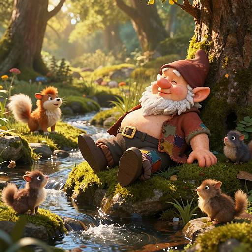 Fat Gnome Resting in Fantasy Forest
