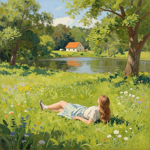 Digital painting of a woman with long brown hair, lying on grass by a lake, watching a red-roofed cottage in a lush, sunny forest