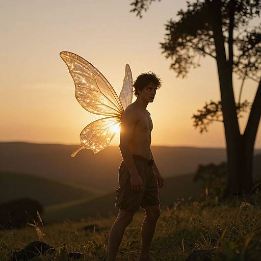 Photograph of a silhouetted shirtless boy with translucent, glowing fairy wings standing in a sunlit meadow at sunset.