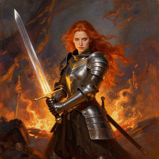 Epic digital painting of a fierce red-haired warrior woman in shiny silver armor, holding a glowing sword, standing amidst fiery chaos.