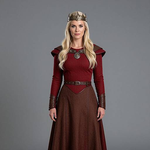 Photograph of a blonde woman with long hair, wearing a medieval-style maroon dress, black leather armguards, and a silver crown, standing against