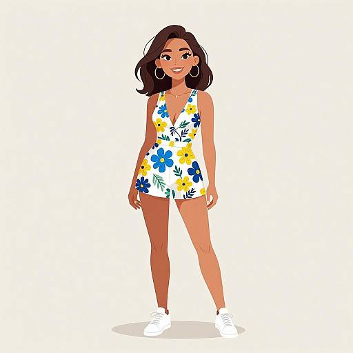 Digital illustration of a smiling, dark-skinned woman with shoulder-length black hair, wearing a white floral romper, white sneakers, and large hoop earrings