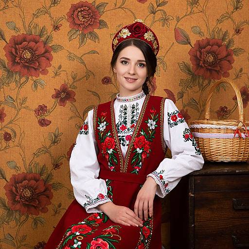 Photograph of a young woman with fair skin and dark hair, wearing traditional red and white embroidered folk dress and hat, seated against floral wallpaper, with