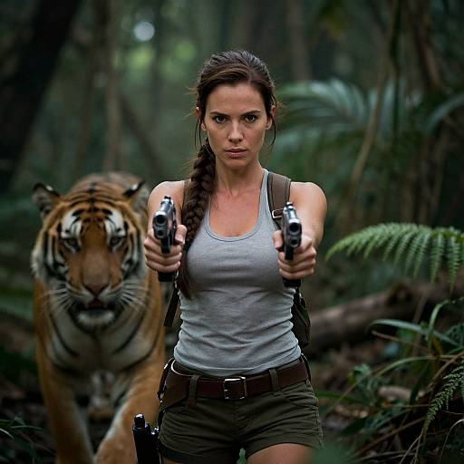 Photograph of a determined woman in a gray tank top and green shorts, pointing two guns forward, with a tiger behind her in a dense jungle.