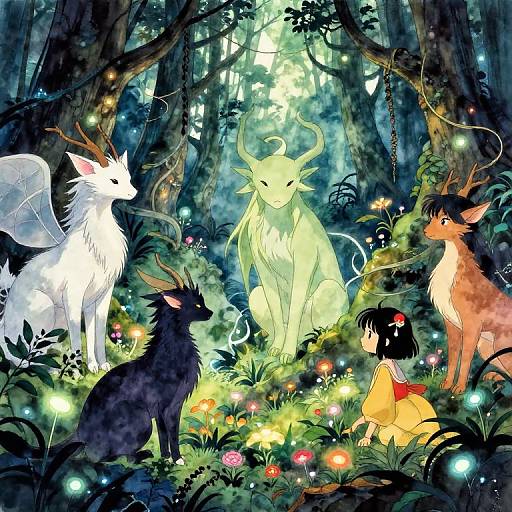 Whimsical forest scene with glowing fireflies, mythical white and black deer, a glowing horned creature, and a young girl in yellow dress.