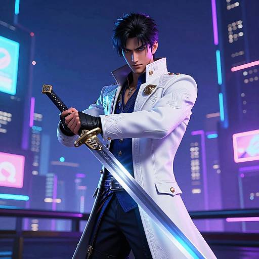 Digital art of a handsome, dark-haired man in a white, ornate coat holding a glowing sword in a neon-lit cityscape.