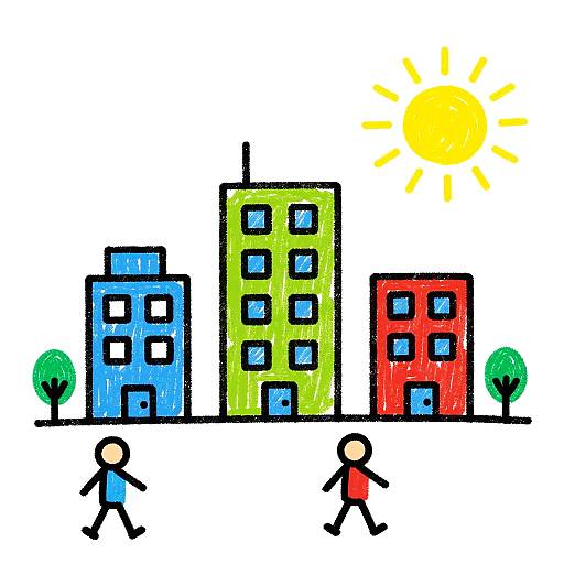 Colorful cartoon drawing of three tall buildings (blue, green, red) with stick figures walking, green trees, and a bright yellow sun.