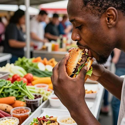 Photograph of a dark-skinned man with short hair and beard, eating a sesame seed burger at a colorful, bustling outdoor market.