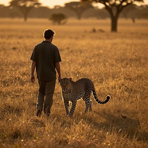 Photograph of a man in a dark shirt and pants walking with a leopard through a golden, sunlit savanna at sunset.