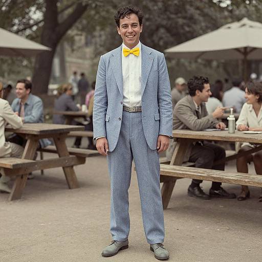 Photograph of a smiling man in a light blue suit, yellow bow tie, white shirt, and gray shoes, standing outdoors at a picnic table with