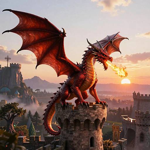 Digital artwork of a red, fiery dragon with large wings standing on a castle tower, against a sunset-lit medieval cityscape.